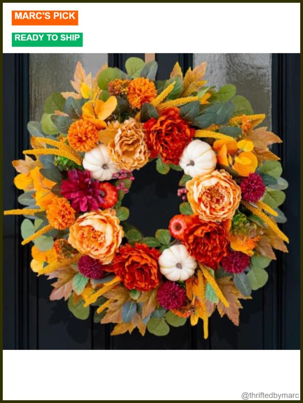 24 Inch Fall Wreath with Orange Peony and Burgundy Dahlias for Front Door